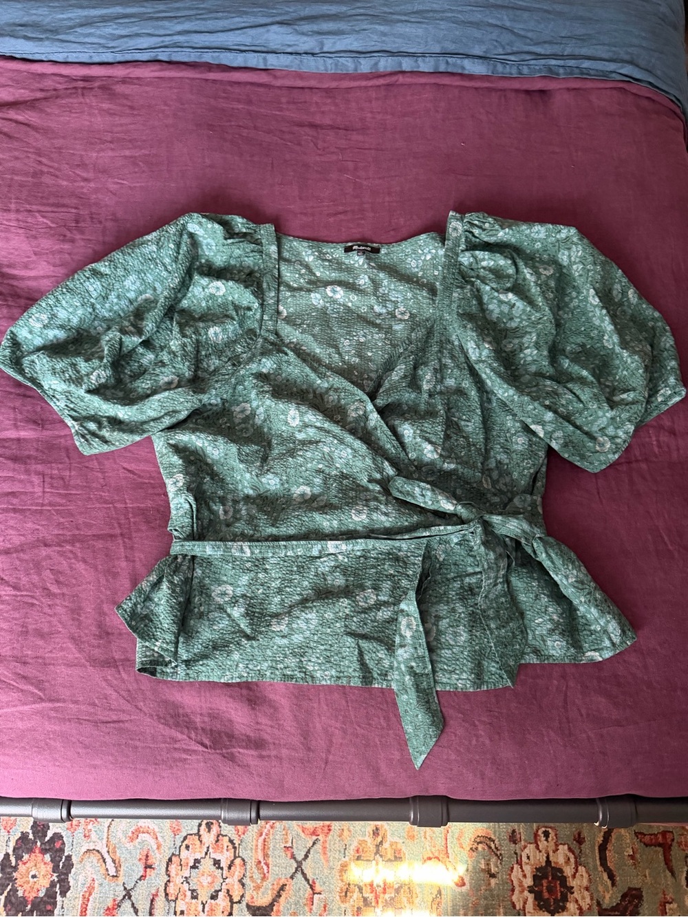 Madewell Green Floral Wrap Top with Puff Sleeves